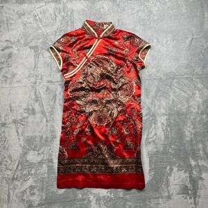 Thu Hong Red Paisley Cheongsam Dress Short Sleeve Mandarin Collar Silk Blend S
